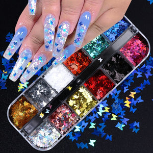 12 Grid/Set Holographic Nail Glitter Sequins Sparkly 3D Thin Butterfly Flakes Polish Decorations for Nail Art Accessories LA1558