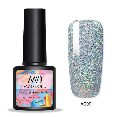 Mad Doll 8ML Nail Glitter UV Gel Polish Holographic Glitter UV Gel Sequins Soak Off UV Gel Varnish Colorful Nail Gel Polish DIY