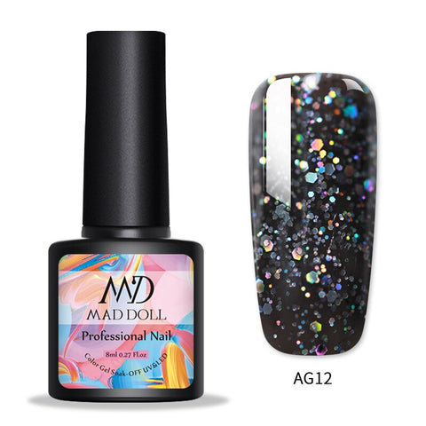 Mad Doll 8ML Nail Glitter UV Gel Polish Holographic Glitter UV Gel Sequins Soak Off UV Gel Varnish Colorful Nail Gel Polish DIY