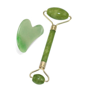 2 in 1 Green Roller and Gua Sha Tools Set by Natural Jade Scraper Massager with Stones for Face Neck Back and Jawline